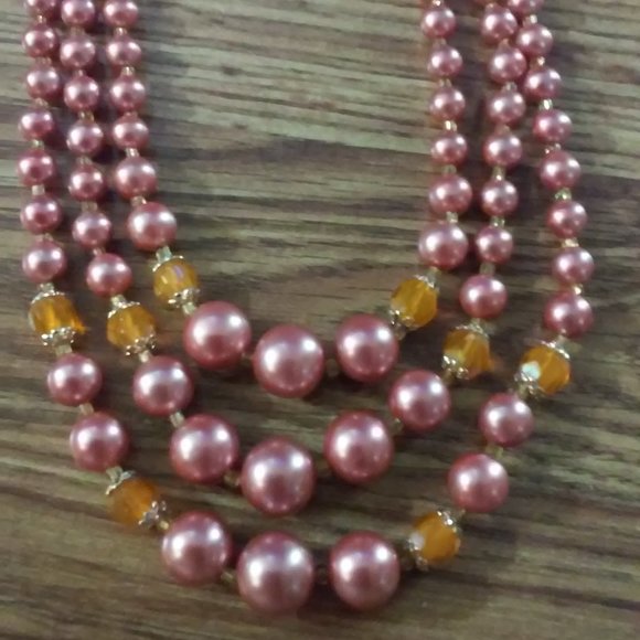 3 Strand Necklace Beads Pink Gold Orange Made Well Slightly Adjustable Perfect - Picture 2 of 5